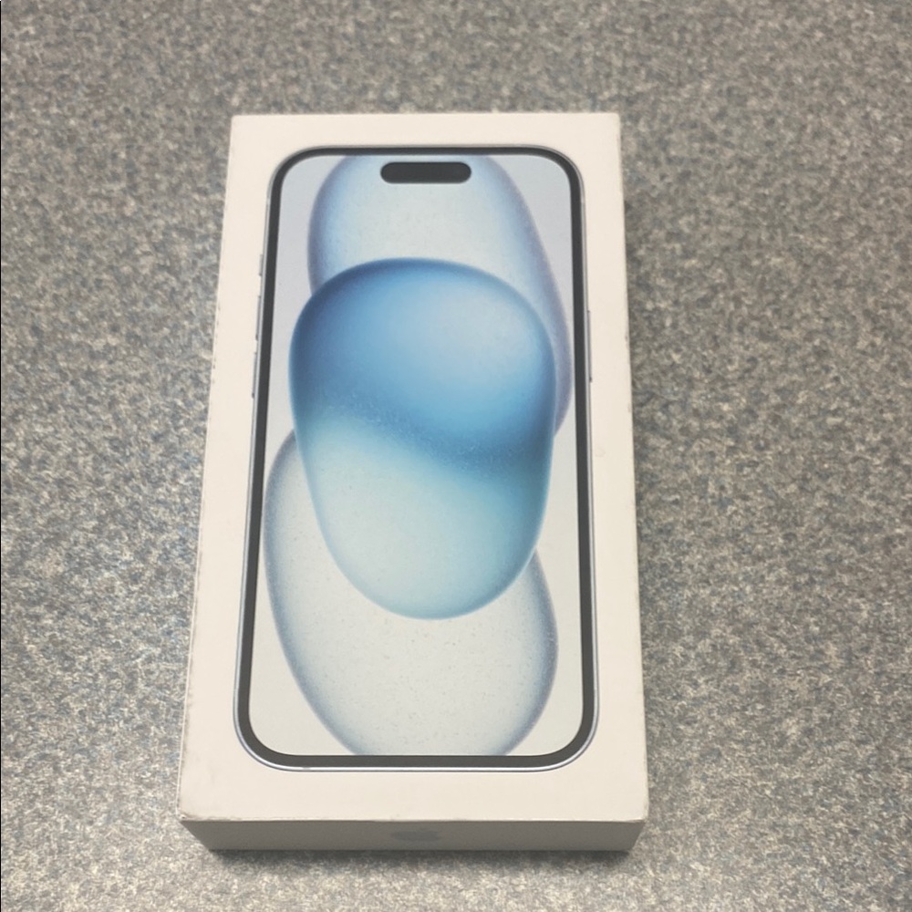 Blue iPhone 15 Box only with Apple Sticker Dynamic Island Display